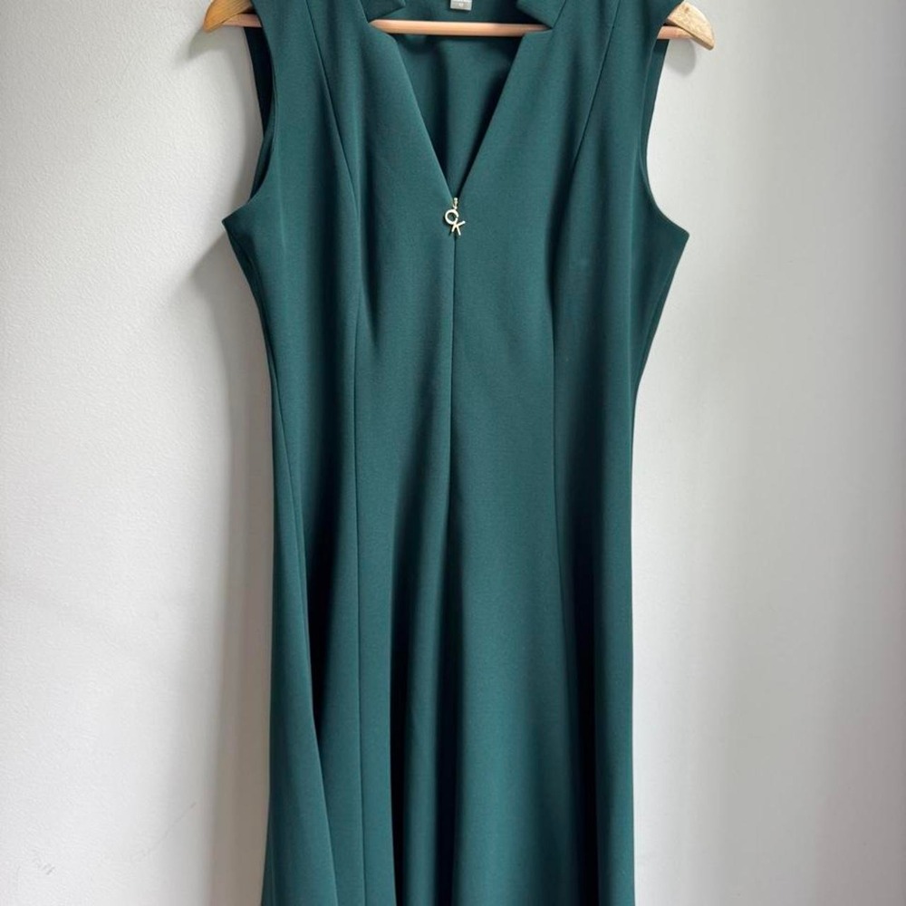 Calvin Klein fit & flare emerald v-neck dress with gold zip